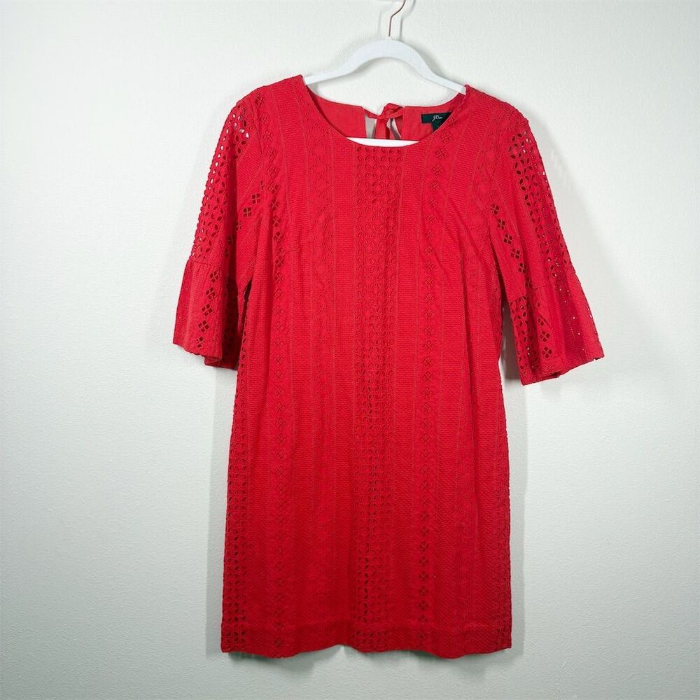 J. Crew Flutter 1/2 Sleeve Eyelet Dress Size 4 Red Knee Length 100% Cotton Lined